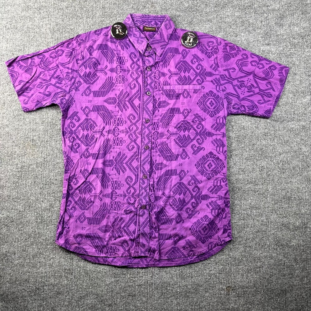 Reliance Button Up Short Sleeve Shirt Men's Purple‎ Printed Pockets Classic